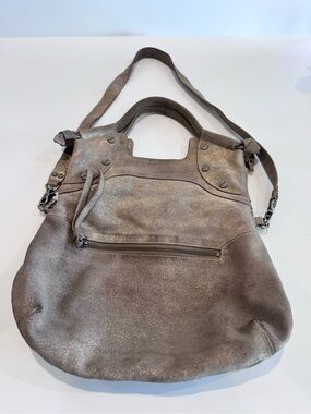 Metallic Taupe Suede Large Shoulder Bag